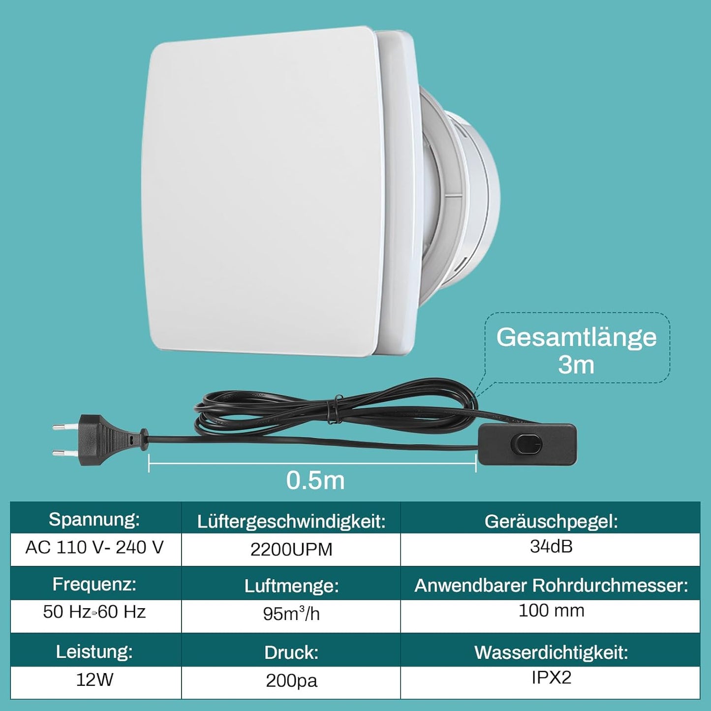 Vrietina 100mm Badlüfter mit Kupfermotor und Rückstauklappe