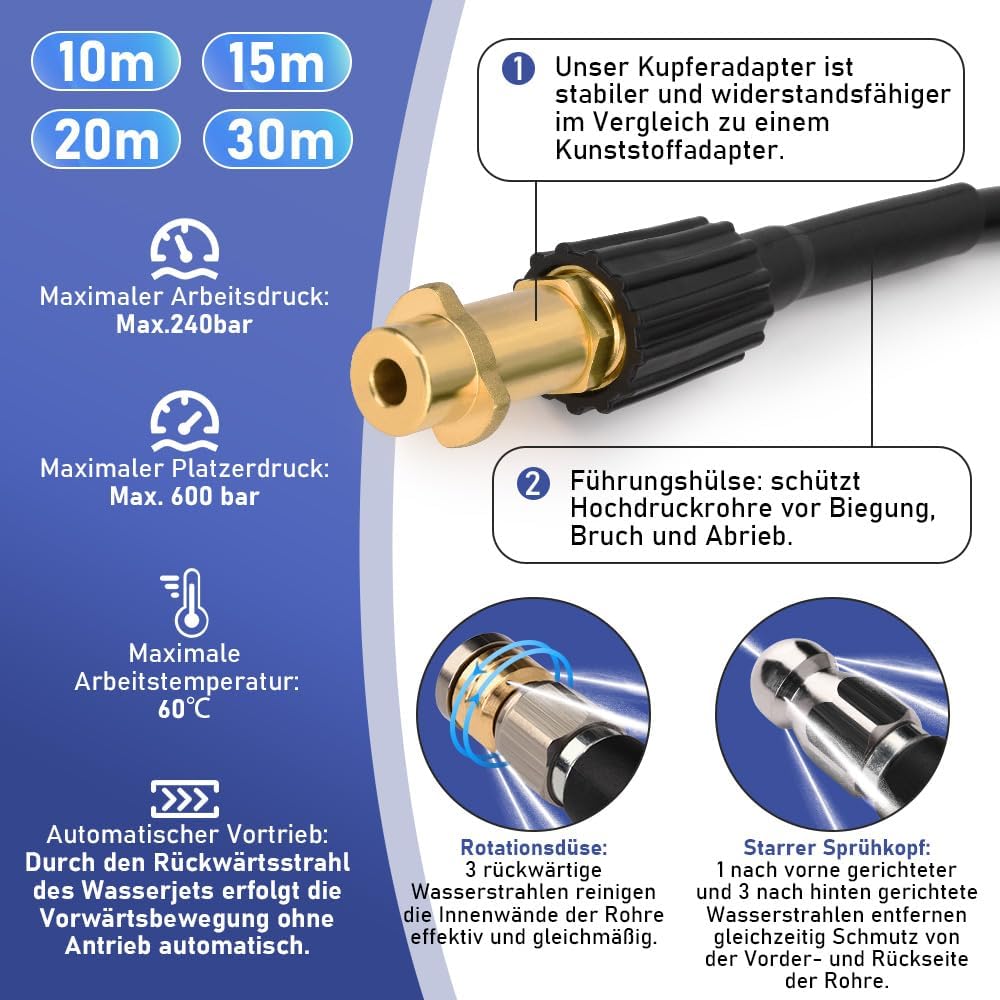 Vrietina 15m Rohrreinigungsschlauch – M22 Adapter & 2 Düsen