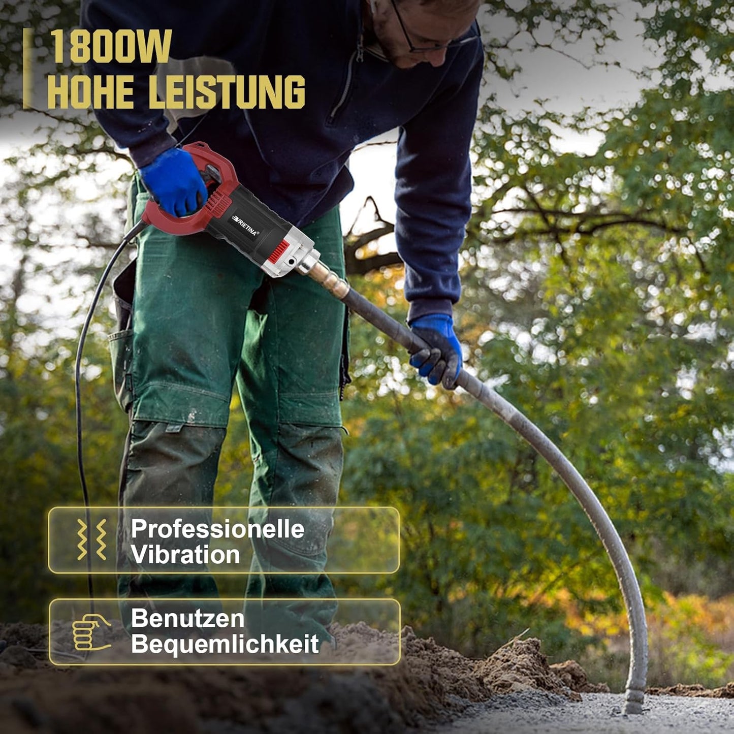 Vrietina 1800W Handbetonvibrator – 1,5m Schlauch, 35mm Kopf
