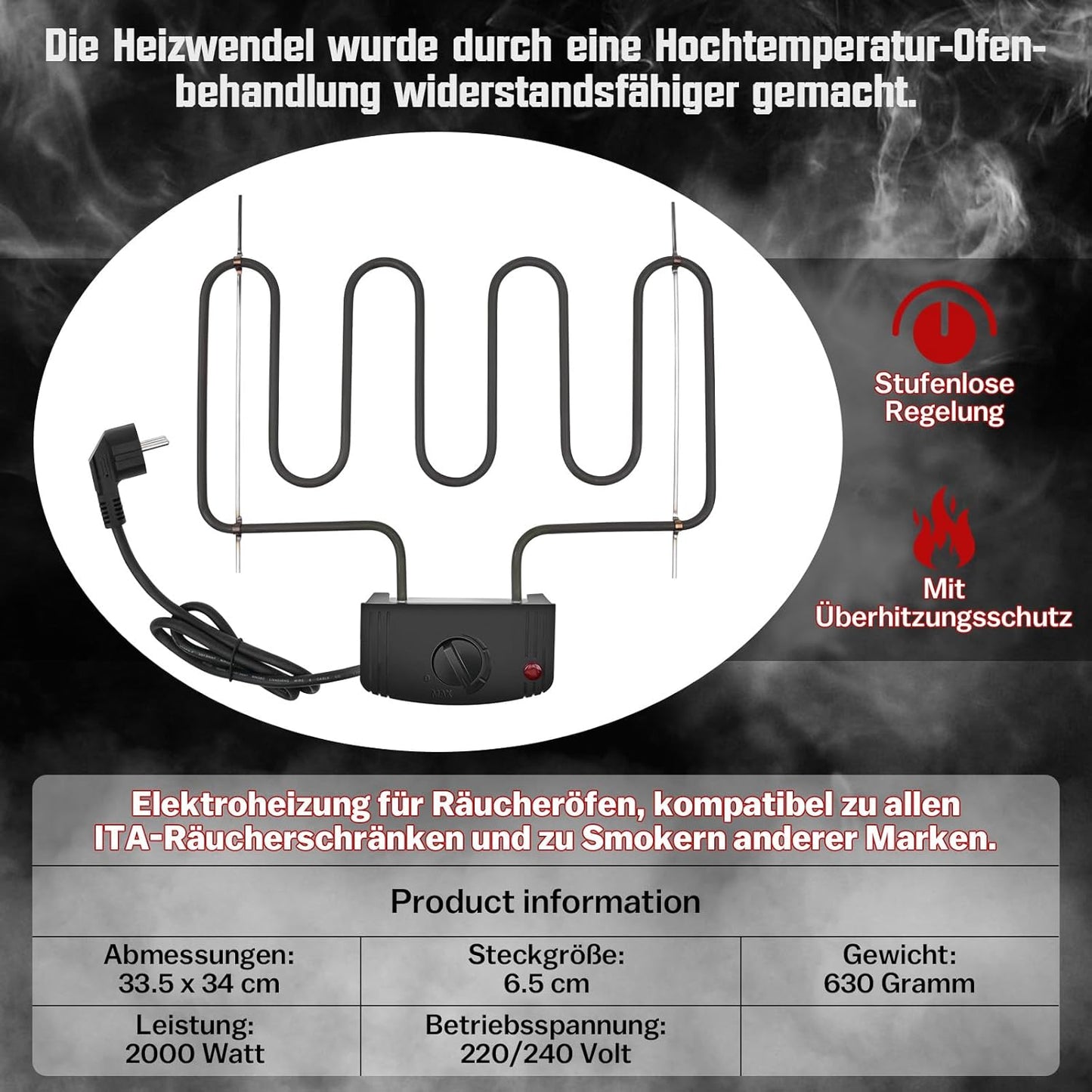 Vrietina 2000W Heizspirale – Elektrische Heizung für Räucherofen