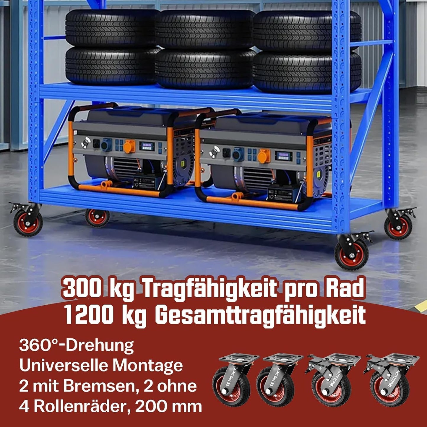 Vrietina 200mm Schwerlast - Lenkrollen – 4 Stück, 1200kg Set