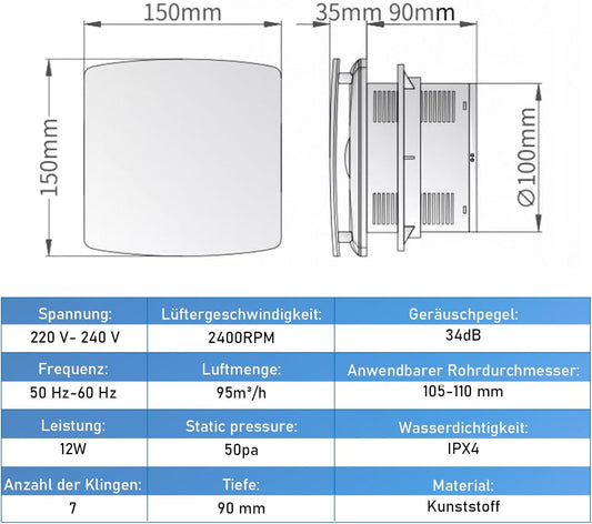 Vrietina Badlüfter mit Timer – Leiser, Effizienter Abluftventilator