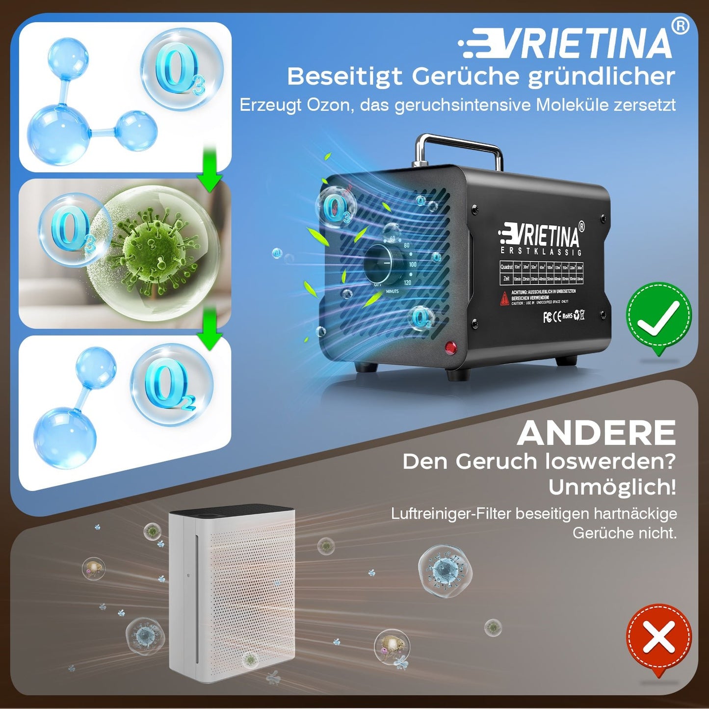 Vrietina Ozon - Generator 48.000 mg/h Geruch & Schimmel entfernen