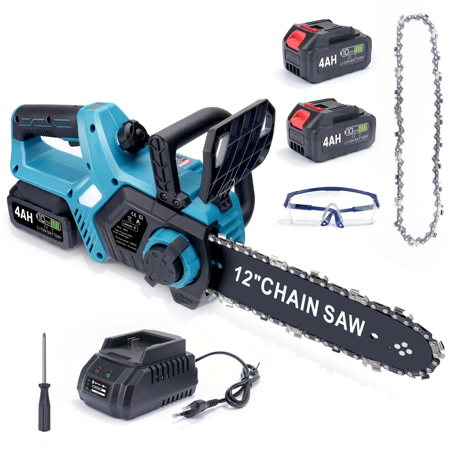 12 - Inch Cordless Chainsaw – 1000W Brushless Motor, Automatic Chain Tension, 2 x 4Ah Batteries - Vrietina