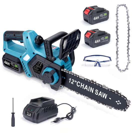 12 - Inch Cordless Chainsaw – 1000W Brushless Motor, Automatic Chain Tension, 2 x 4Ah Batteries - Vrietina