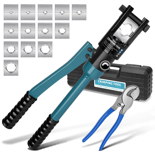 16 - Ton Hydraulic Crimping Tool Kit with 13 Dies and Cable Cutter for Electrical Cable - Vrietina