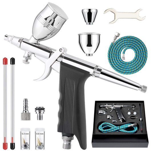 Airbrush Kit with Dual - Action Trigger, 3 Nozzle/Needle Sets, and 3 Paint Cups - Vrietina
