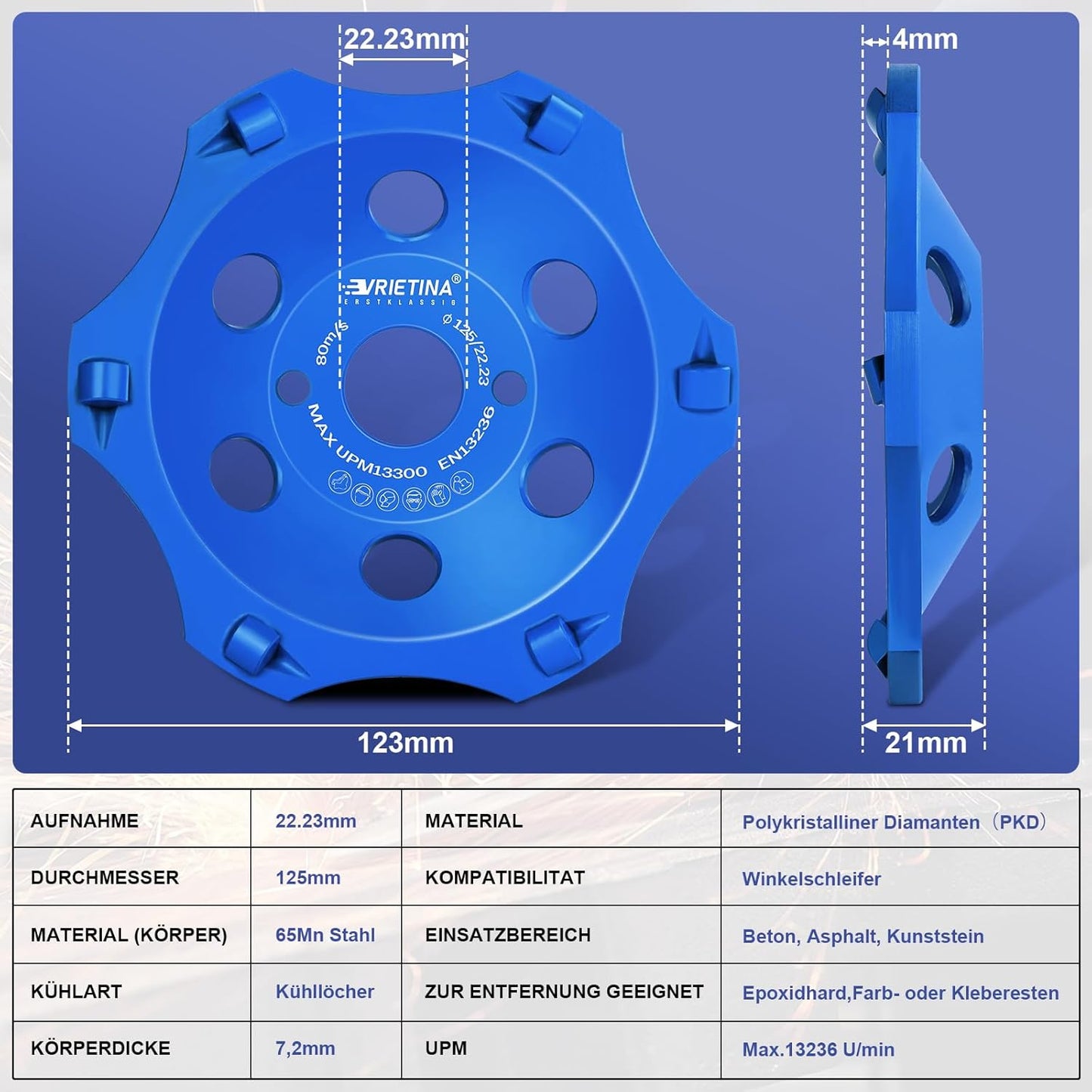 PKD Diamant - Schleiftopf 125 mm – 6 Segmente, 22,23 mm Bohrung