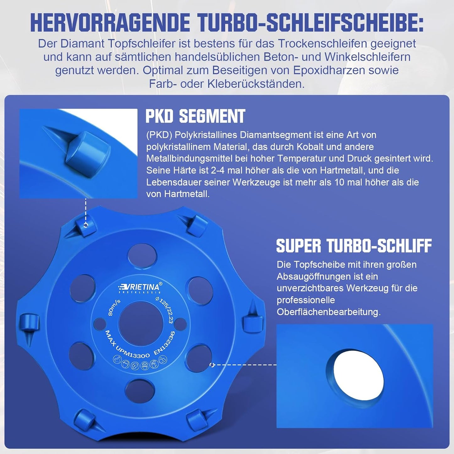 PKD Diamant - Schleiftopf 125 mm – 6 Segmente, 22,23 mm Bohrung