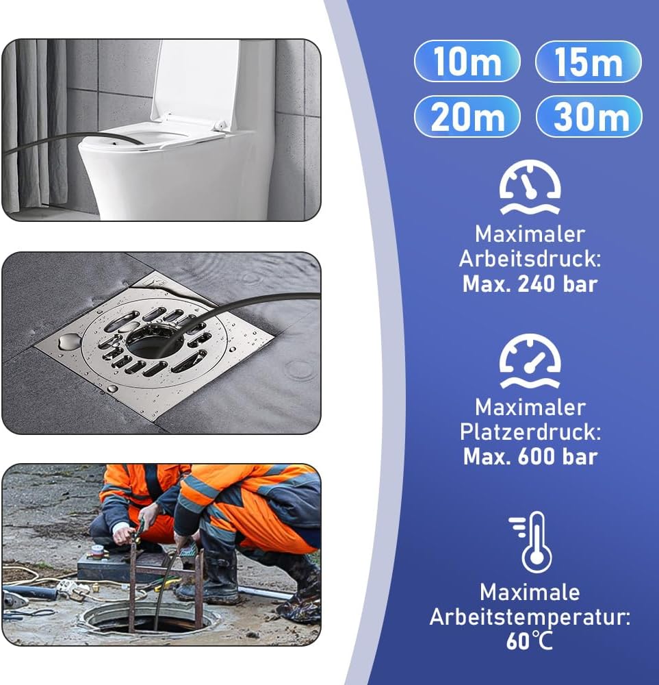 Vrietina 15m Rohrreinigungsschlauch – M22 Adapter & 2 Düsen