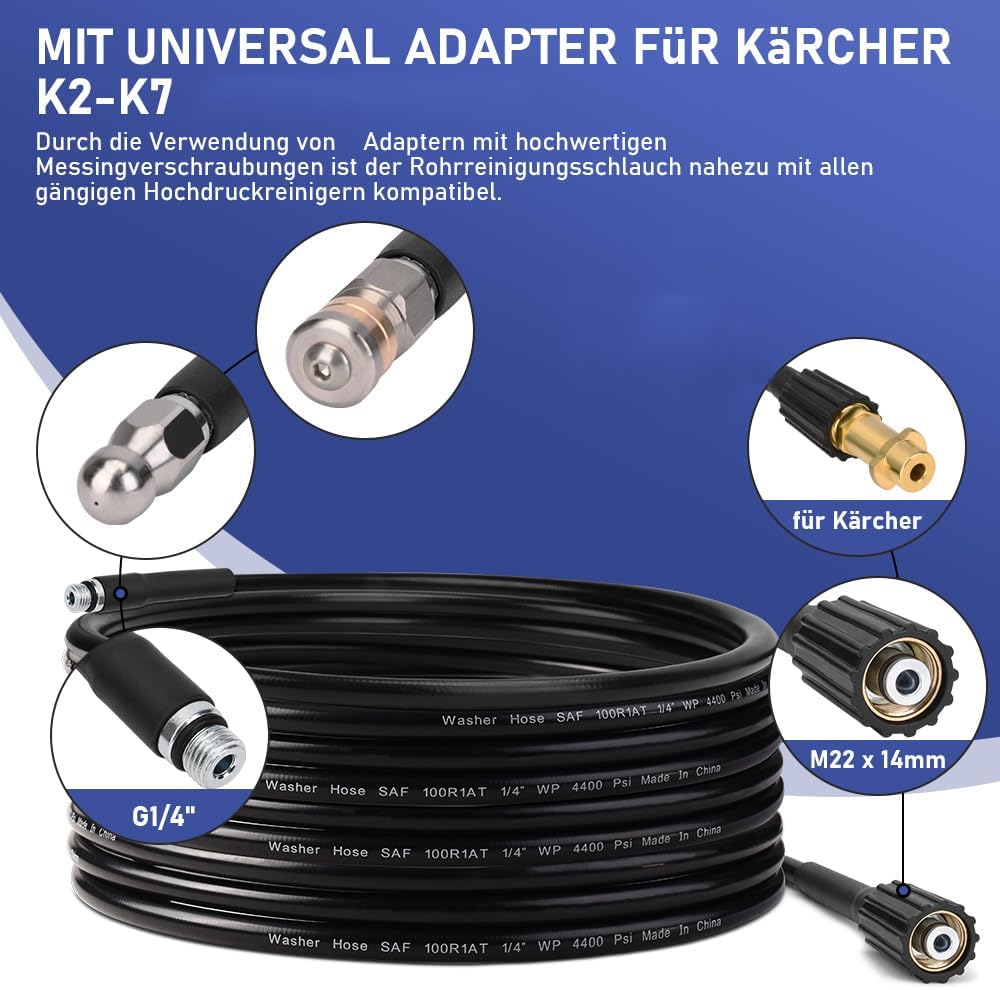 Vrietina 15m Rohrreinigungsschlauch – M22 Adapter & 2 Düsen