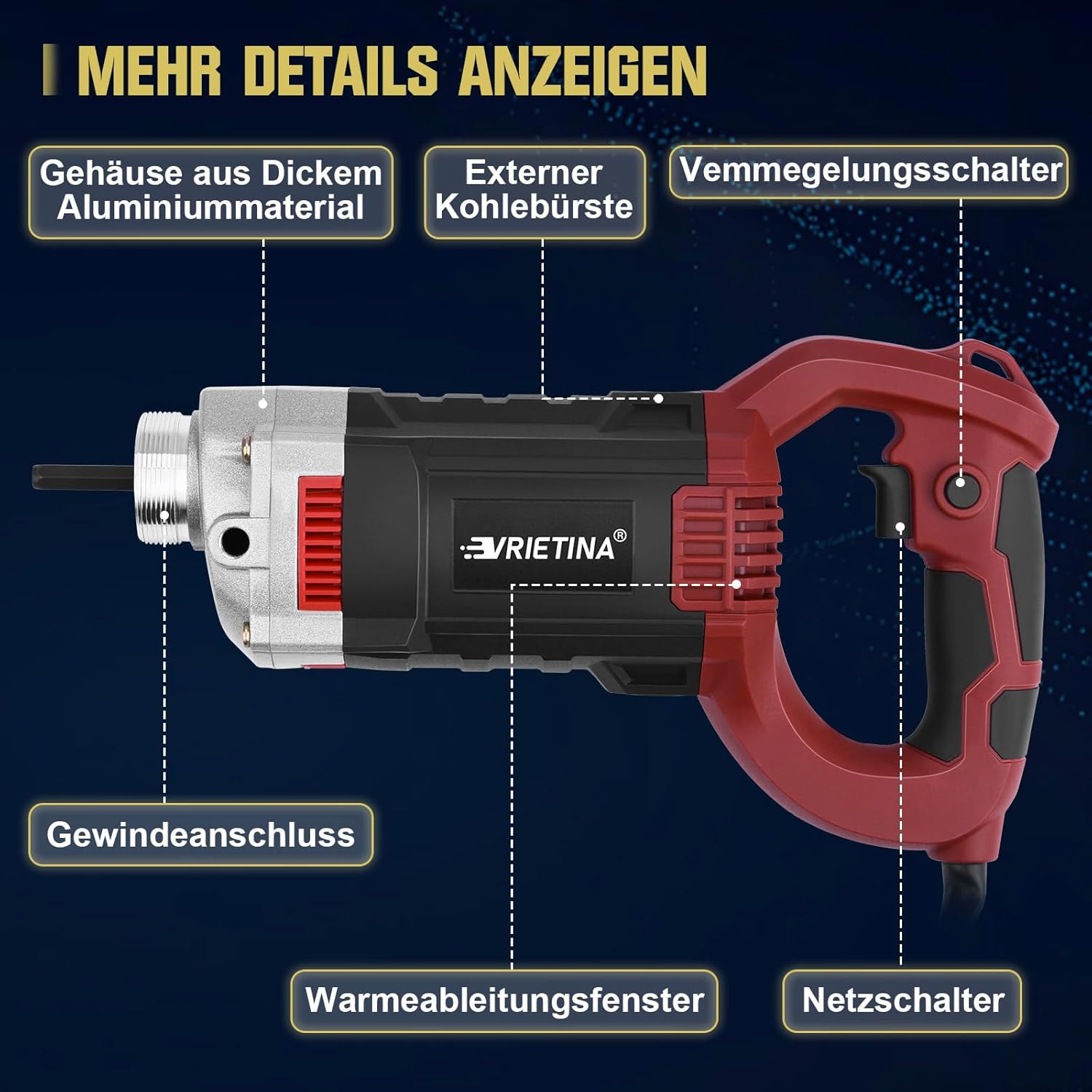 Vrietina 1800W Handbetonvibrator – 1,5m Schlauch, 35mm Kopf