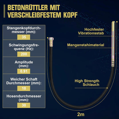 Vrietina 1800W Handbetonvibrator – 2m Schlauch, 6000 U/min