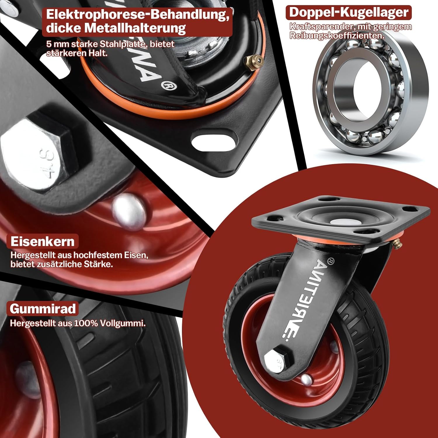 Vrietina 200mm Schwerlast - Lenkrollen – 4 Stück, 1200kg Set