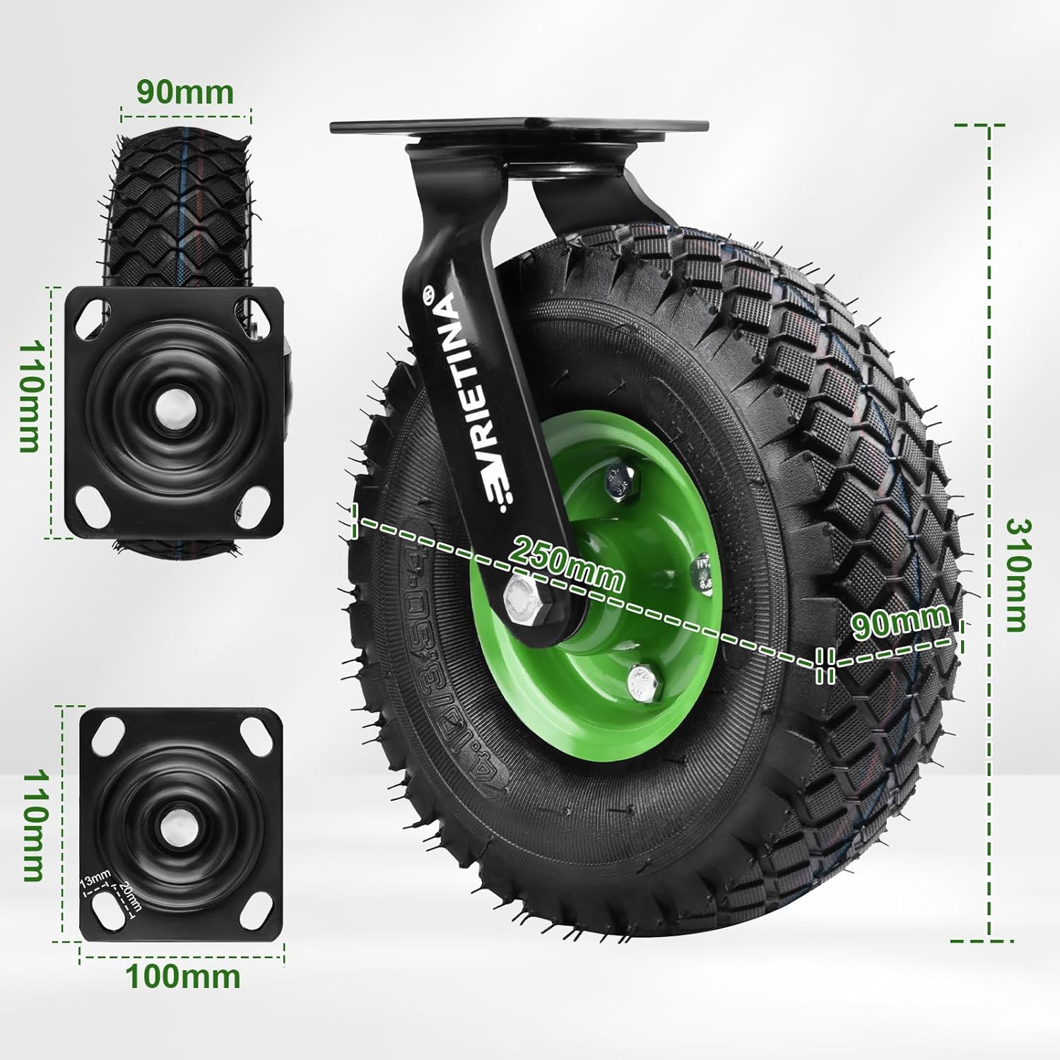 Vrietina 250mm Pneumatische Bockrollen 2 Stück – Tragkraft 270kg
