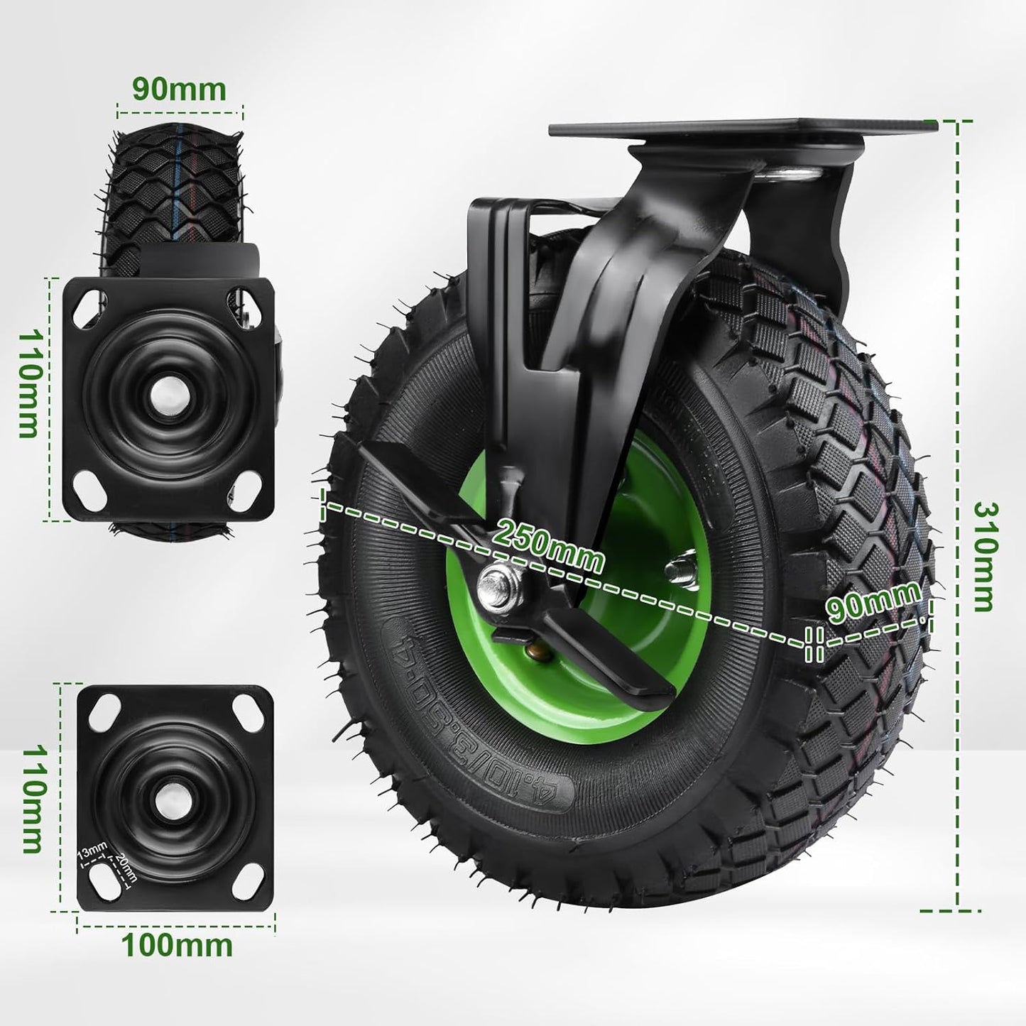 Vrietina 250mm Pneumatische Lenkrollen mit Bremse – 2 Stück Set