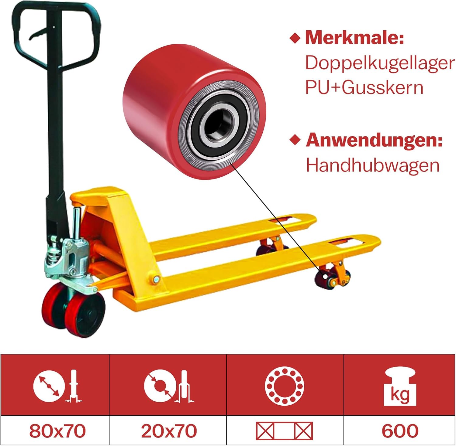 Vrietina 80x70mm Gabelstapler - Räder – Rotes PU, 4er - Set Ersatzräder