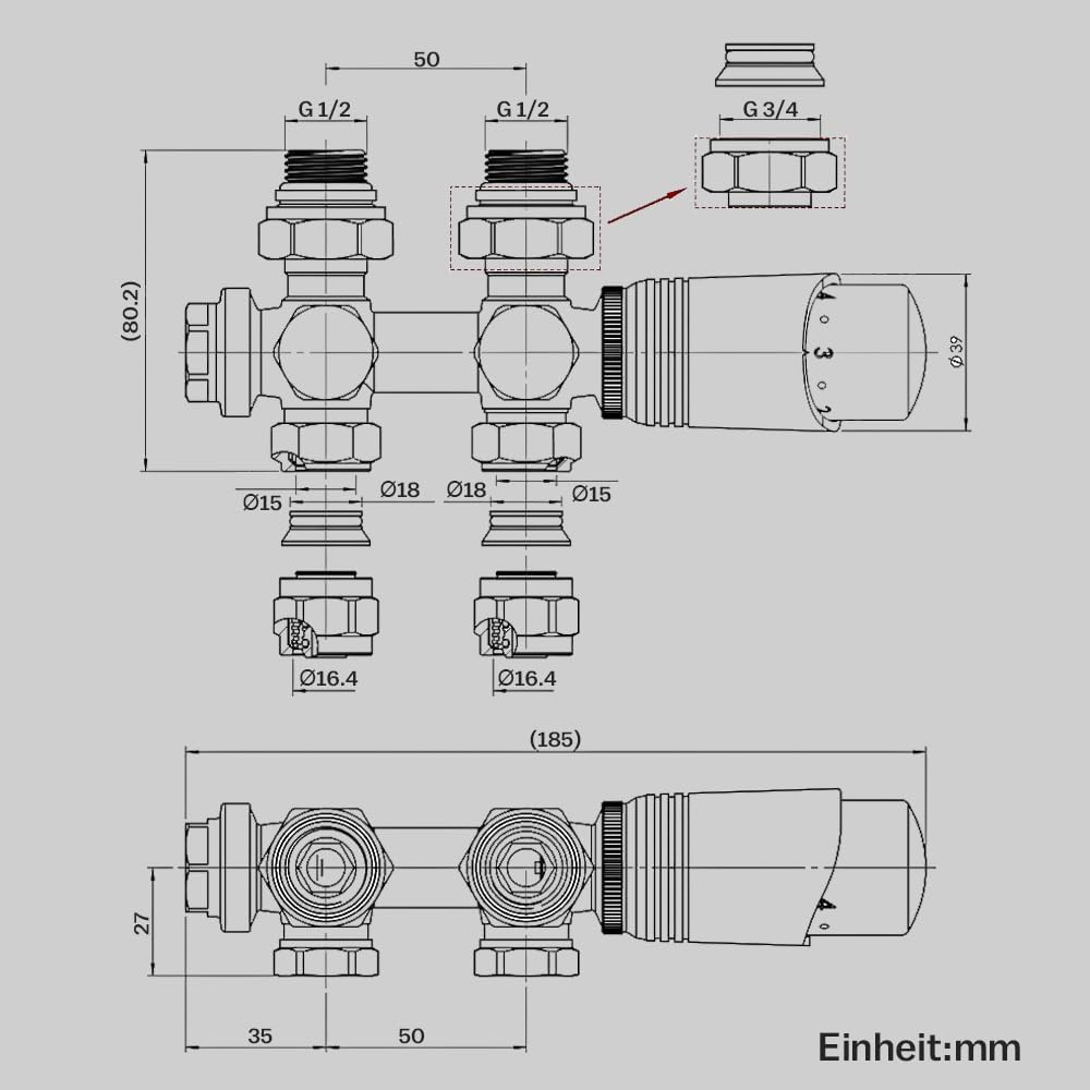 Vrietina Thermostat Multiblock Set – Messingventil für Badheizkörper