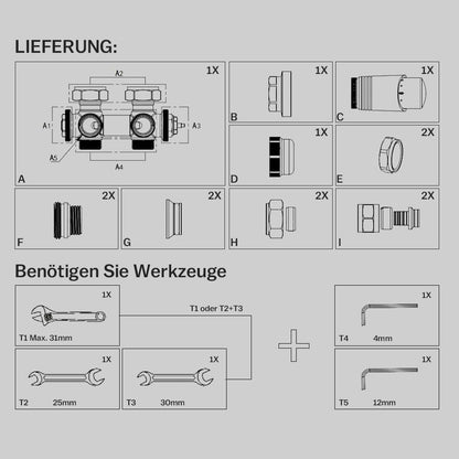 Vrietina Thermostat Multiblock Set – Messingventil für Badheizkörper